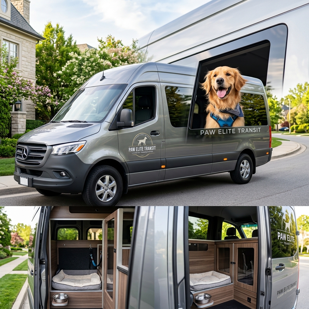 Dog looking out window in transport van